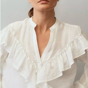 Zara White Ruffled Lace Button Down Blouse Long Billowy Sleeves Size Medium NWT